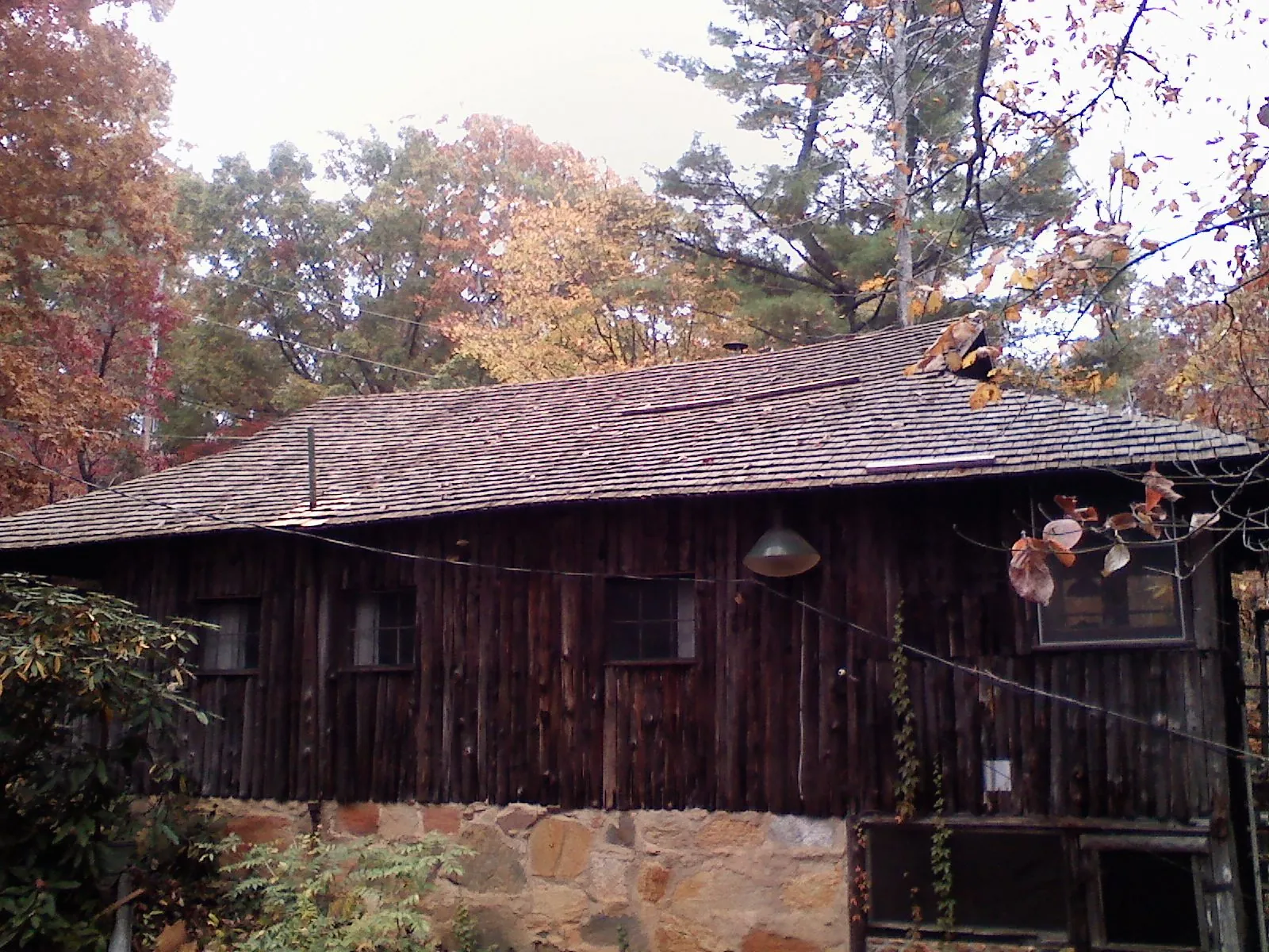 Weathered wood shake roof on a rustic board sided cabin in Hopedale